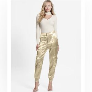 Guess Satin Cargo Joggers Pants High Waist Gold Size Small